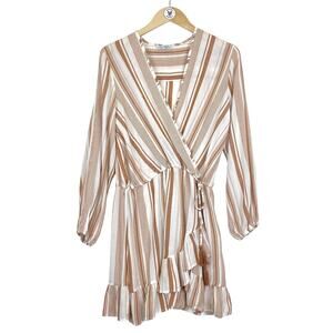 BLUE ISLAND Mini Wrap Dress Swim Cover Up Brown White Stripe Ruffles Beachy Sz S